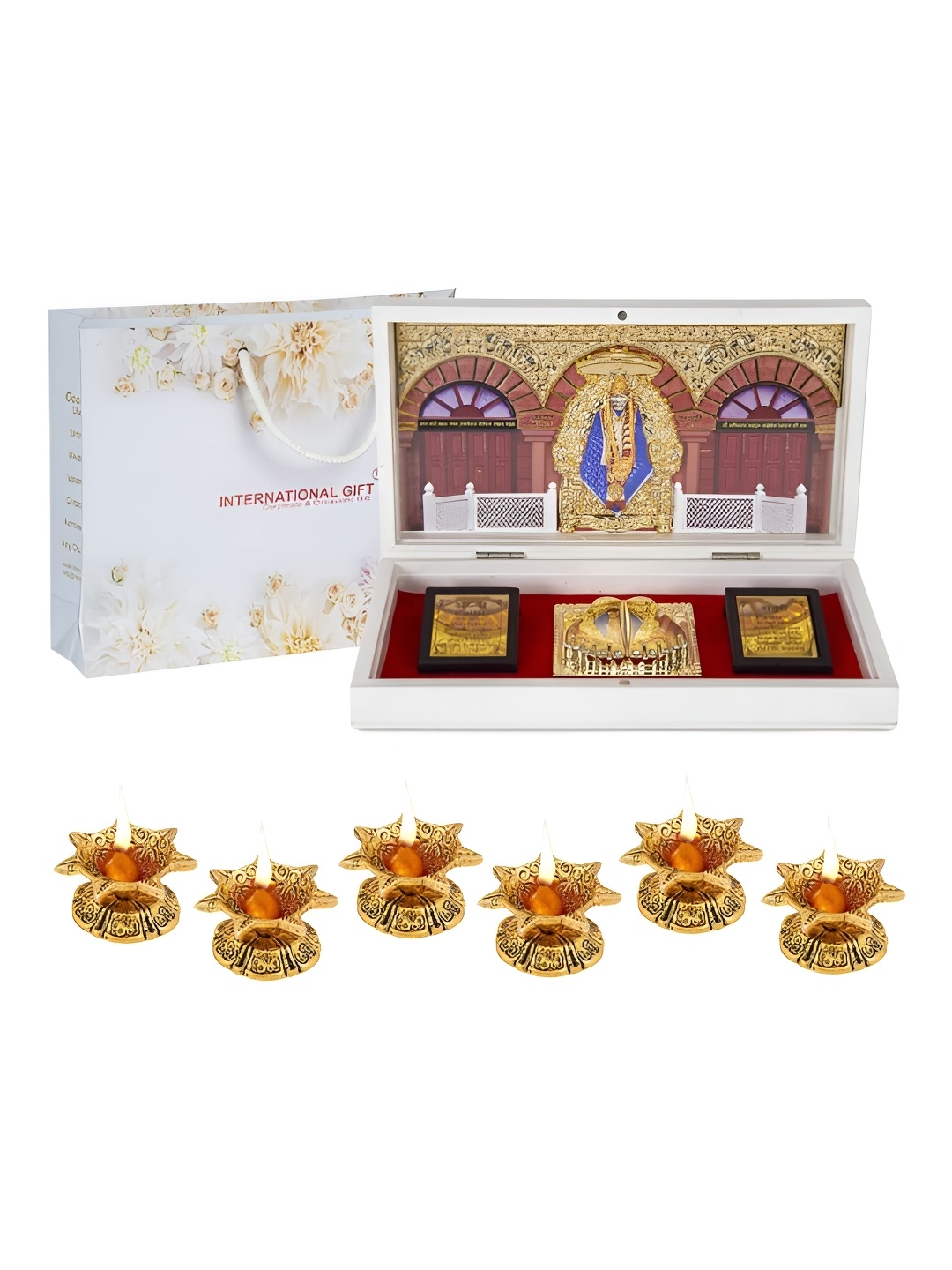 

INTERNATIONAL GIFT Gold-Toned Sai Baba Charan Paduka Box with 6 Jyot Diya