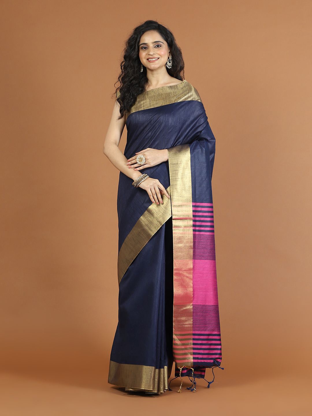 

Meena Bazaar Zari Art Silk Saree, Navy blue
