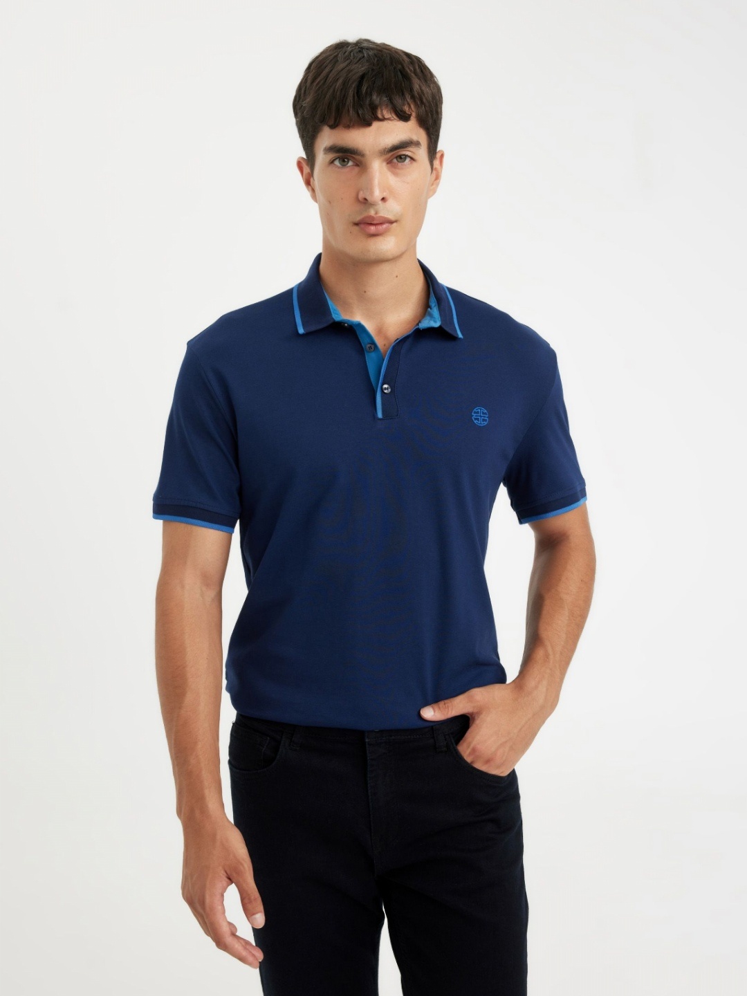 

DeFacto Men Solid Polo Collar Cotton T-shirt, Navy blue