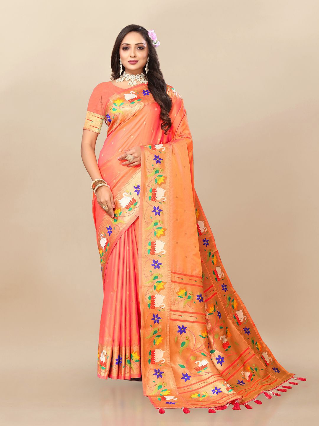 

MOKSHA DESIGNS Ethnic Motifs Woven Design Zari Pure Silk Paithani Saree, Peach