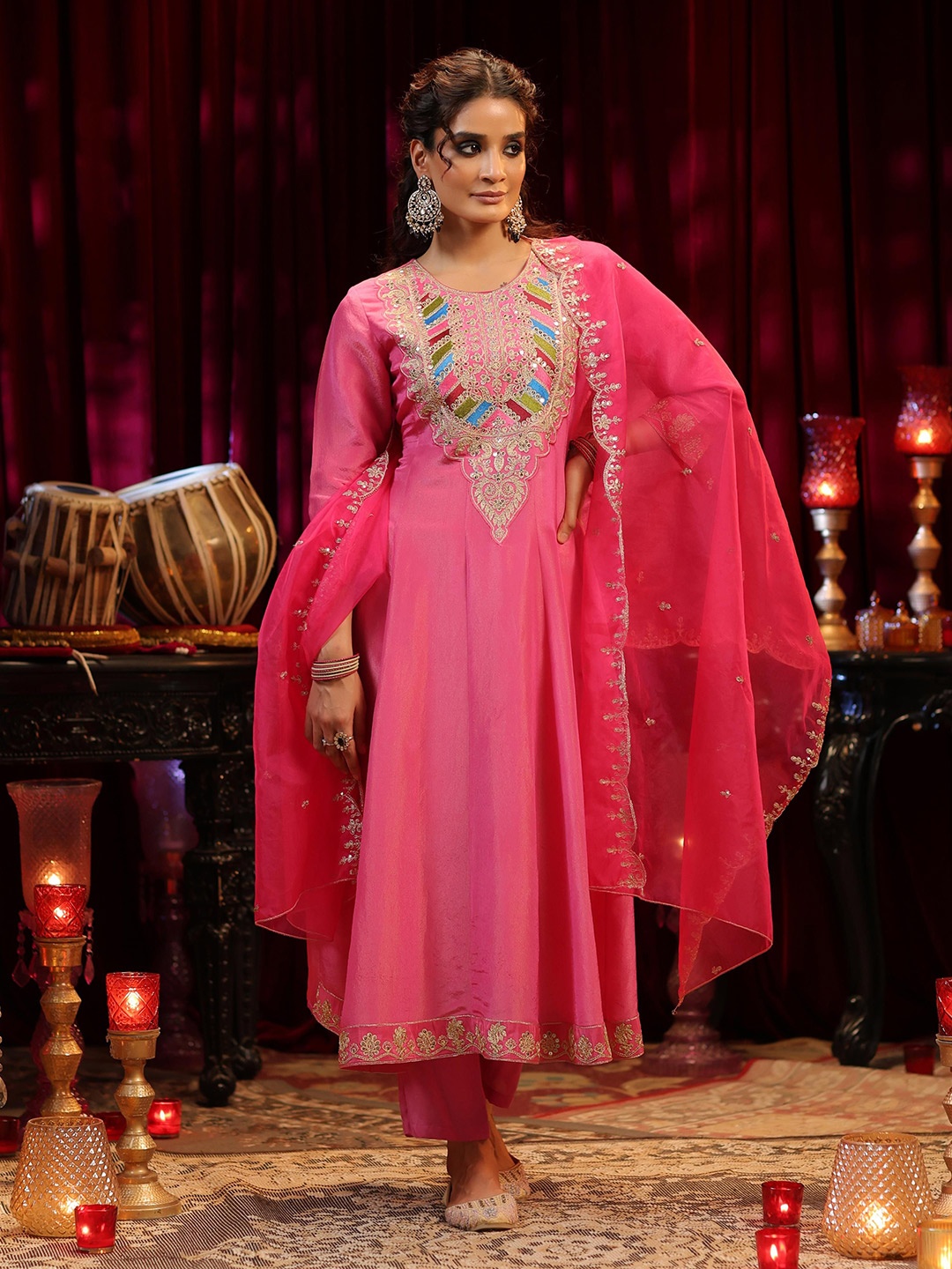 

SCAKHI Ethnic Motifs Embroidered Sequinned Organza Anarkali Kurta With Trouser & Dupatta, Fuchsia