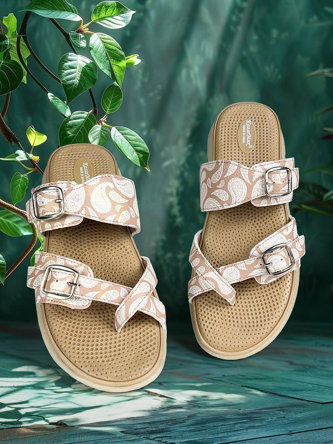 

KazarMax Women Printed Open Toe Flats with Buckles, Beige