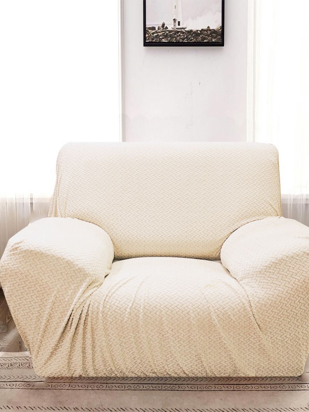 

B BESTILO Cream-Coloured Self Design Single Seater Sofa Cover With Arms