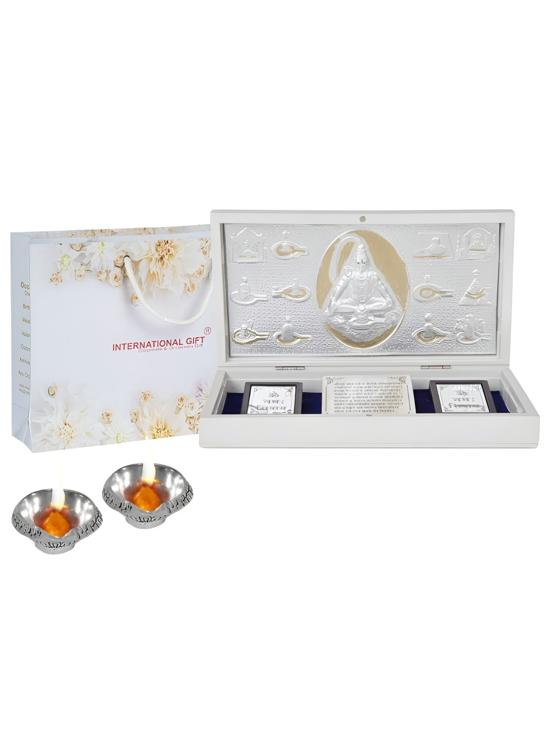 

INTERNATIONAL GIFT Silver-Toned Religious Lord Shiv Charan Paduka Showpiece with 2 Diya
