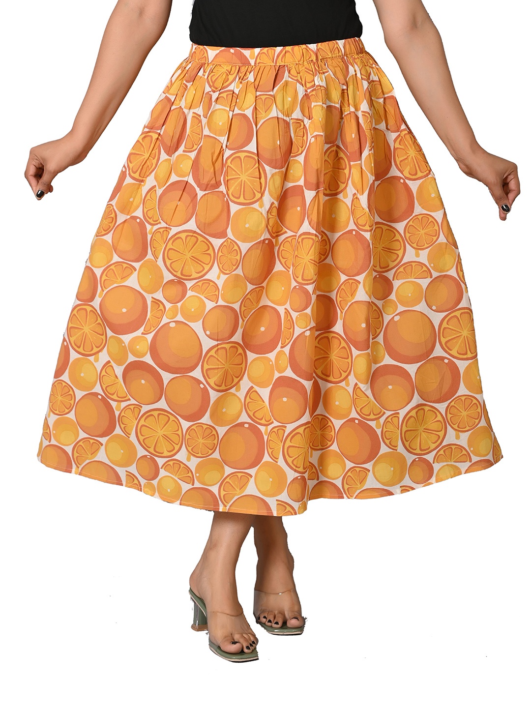 

Cloth Bites Printed Cotton Midi Flared Skirt, Orange