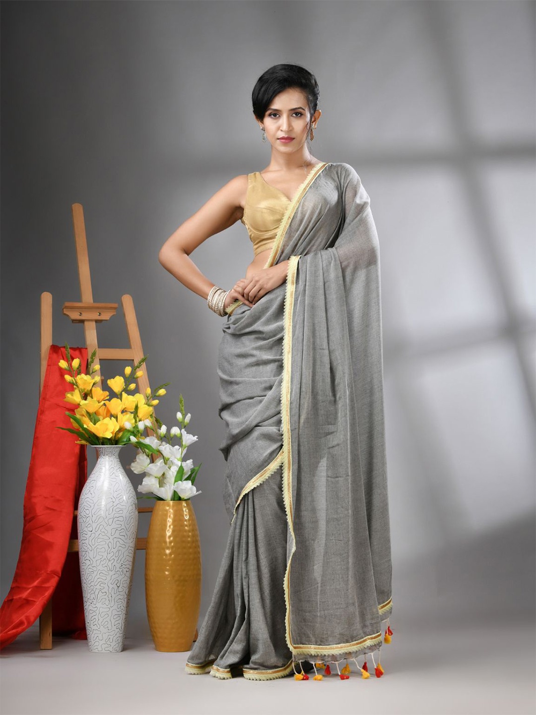 

Charukriti Gotta Patti Pure Cotton Saree, Grey