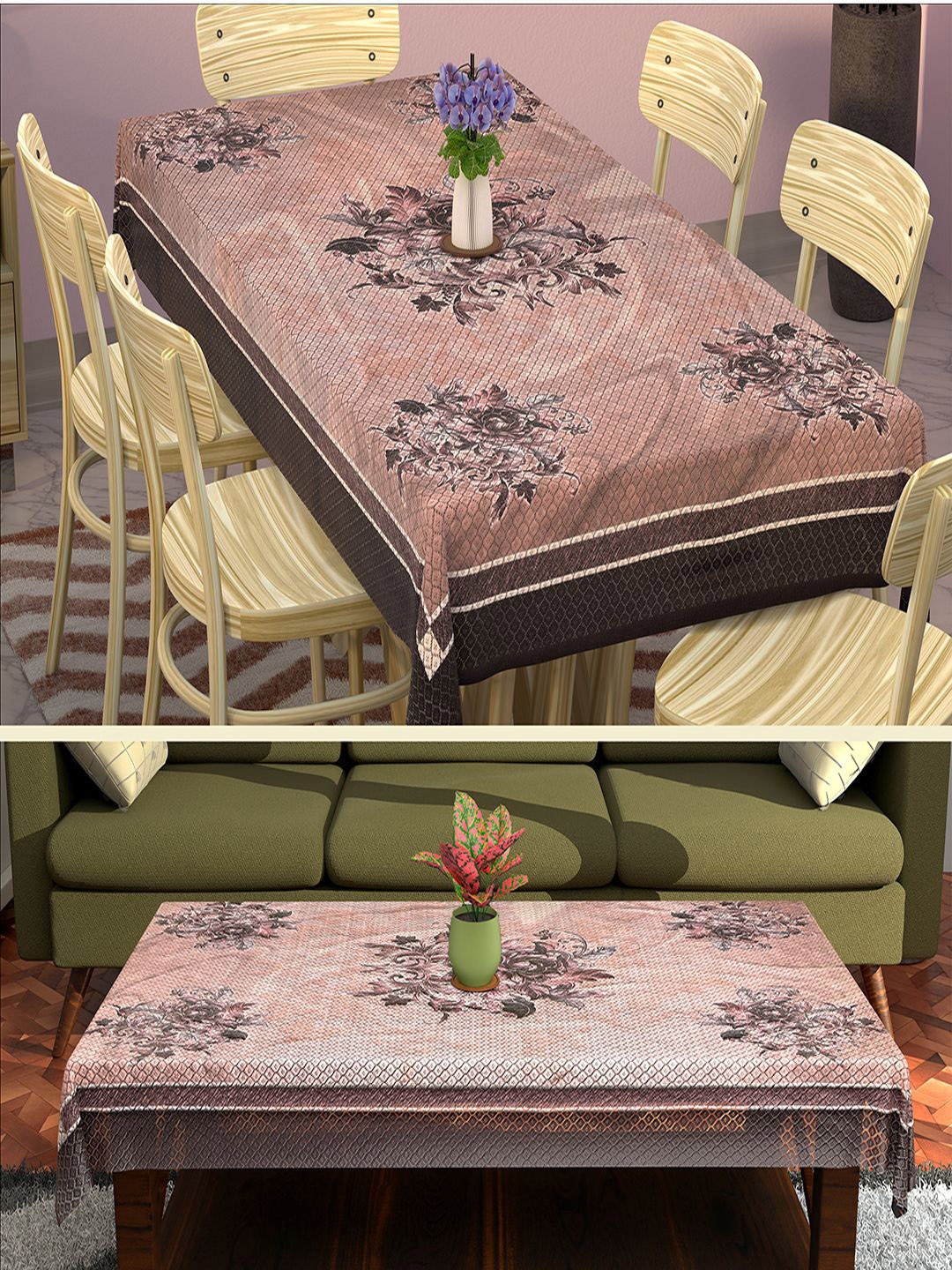 

Kuber Industries Pink & Brown 2 Pieces Floral Printed Cotton 6-Seater Table Covers
