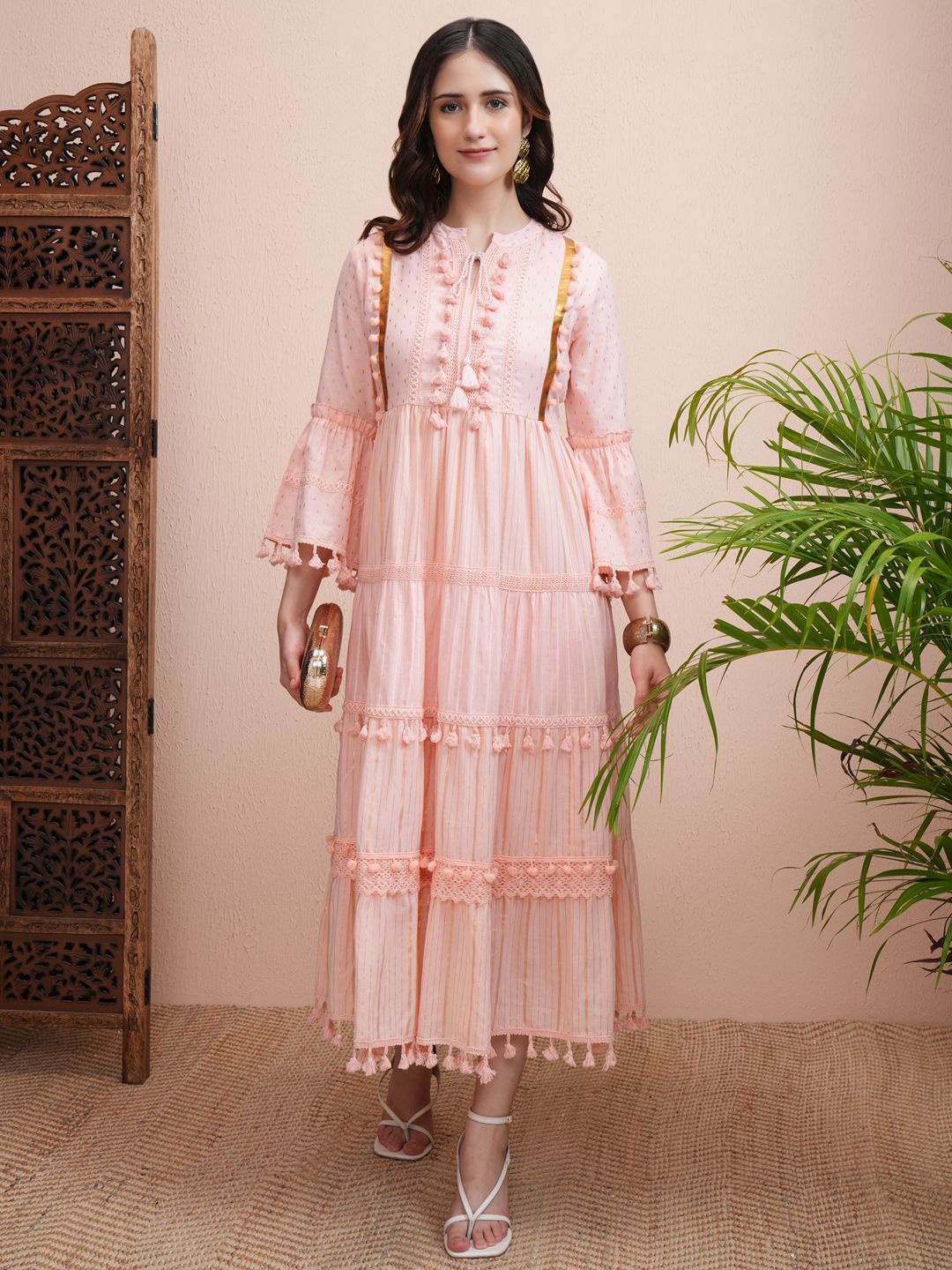 

Vishudh Embroidered Bell Sleeve A-Line Maxi Dress, Peach