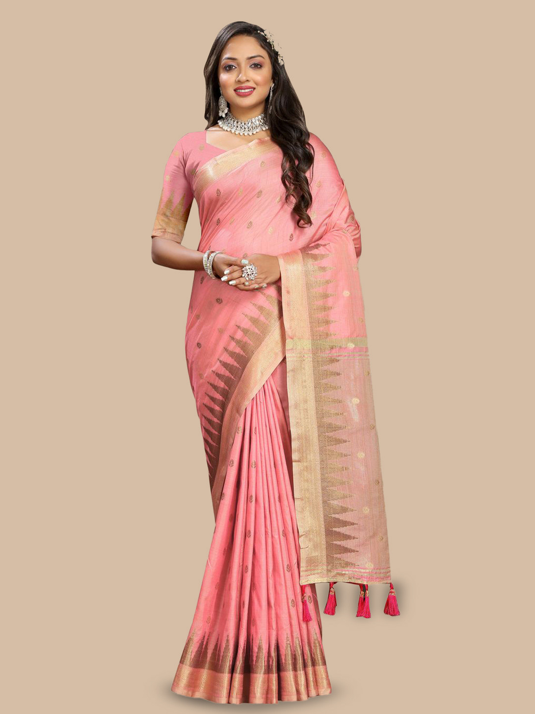 

MOKSHA DESIGNS Ethnic Motifs Zari Pure Silk Paithani Saree, Pink