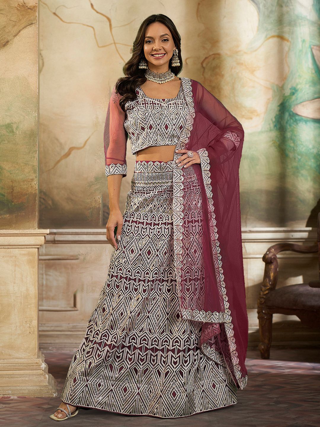 

Kvsfab Embroidered Sequinned Semi-Stitched Lehenga & Unstitched Blouse With Dupatta, Rust