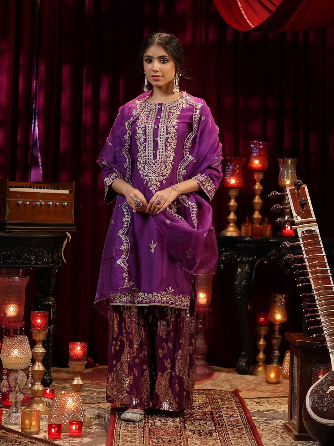 

SCAKHI Floral Embroidered Sequinned Chanderi Silk Straight Kurta With Sharara & Dupatta, Purple