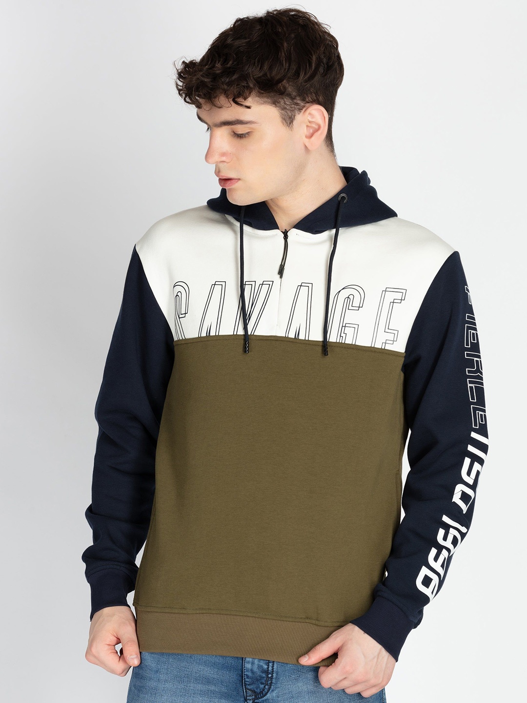 

Status Quo Men Colourblocked Hooded Sweatshirt, Olive