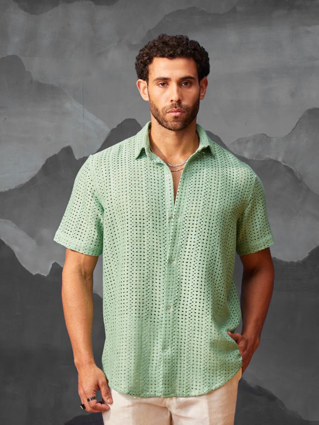 

CMGE Men Relaxed Semi Sheer Casual Shirt, Green
