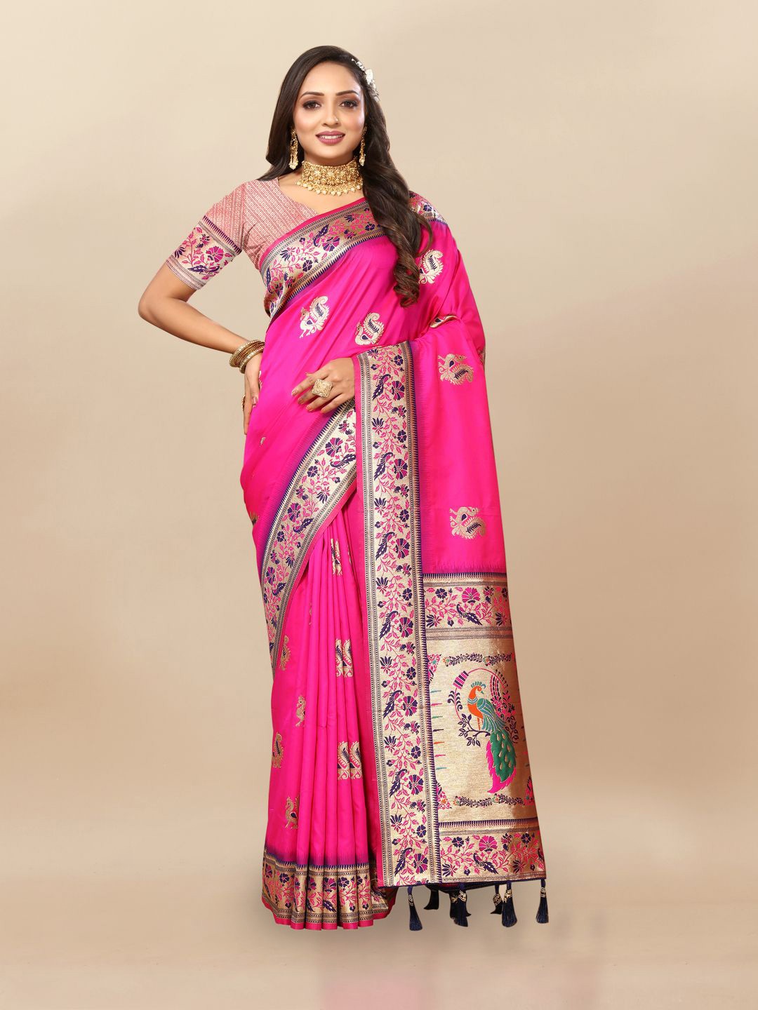 

MOKSHA DESIGNS Ethnic Motifs Zari Pure Silk Paithani Saree, Pink