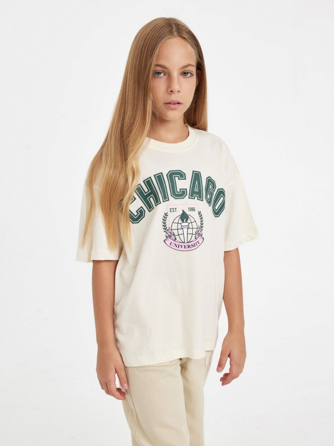 

DeFacto Girls Typography Printed Round Neck Cotton T-shirt, Na