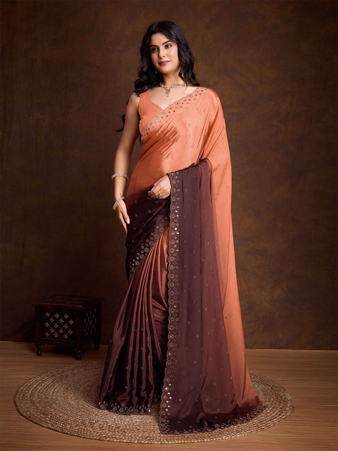 

KIMISHA Embellished Mirror Work Poly Chiffon Saree, Orange