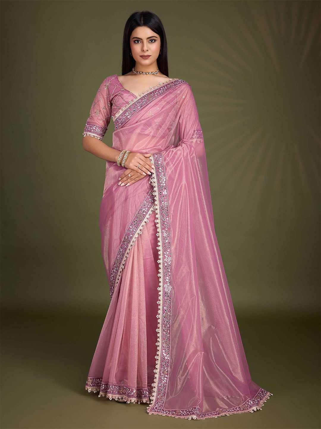 

KIMISHA Mirror Work Net Saree, Lavender