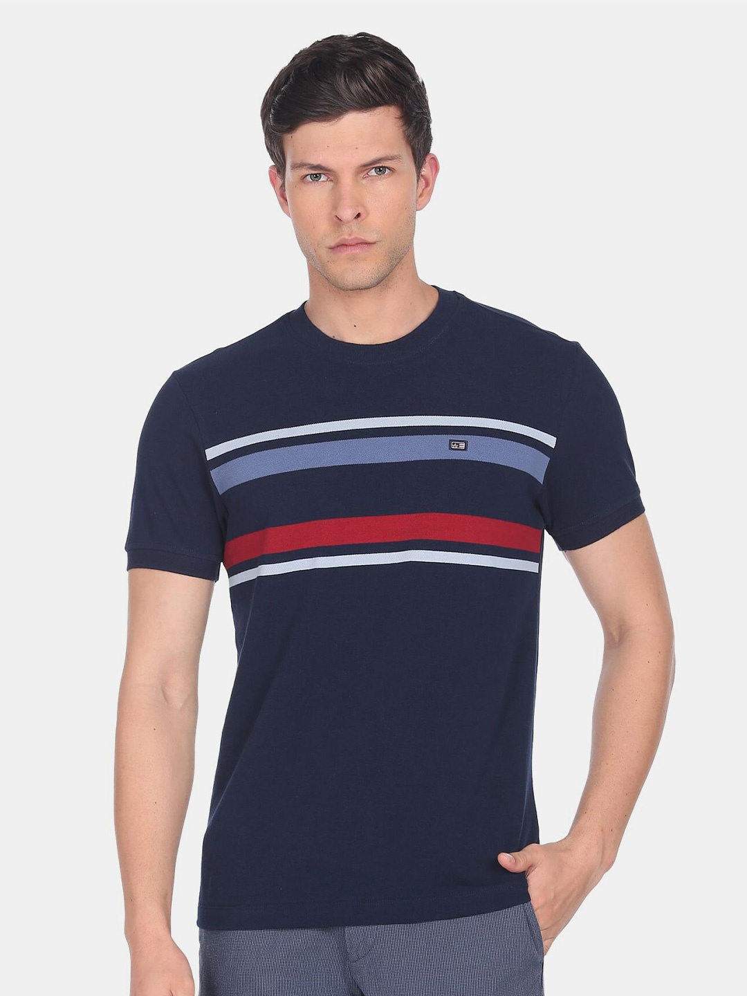 

Arrow Sport Men Striped Pure Cotton T-shirt, Blue