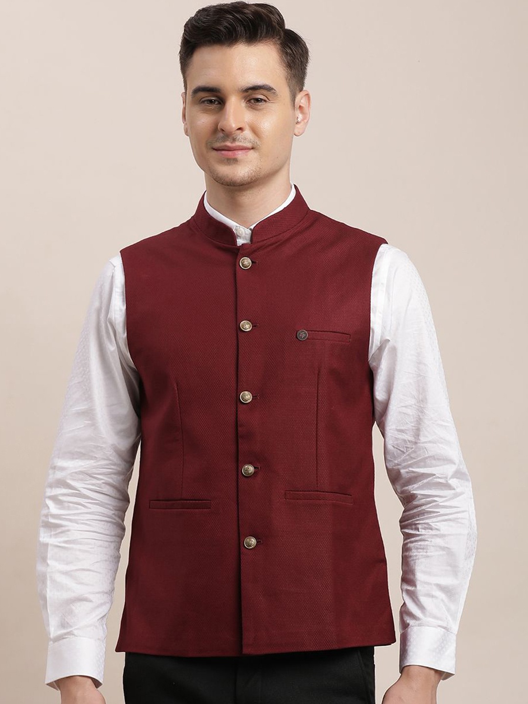 

Turtle Men Woven Nehru Jackets, Maroon