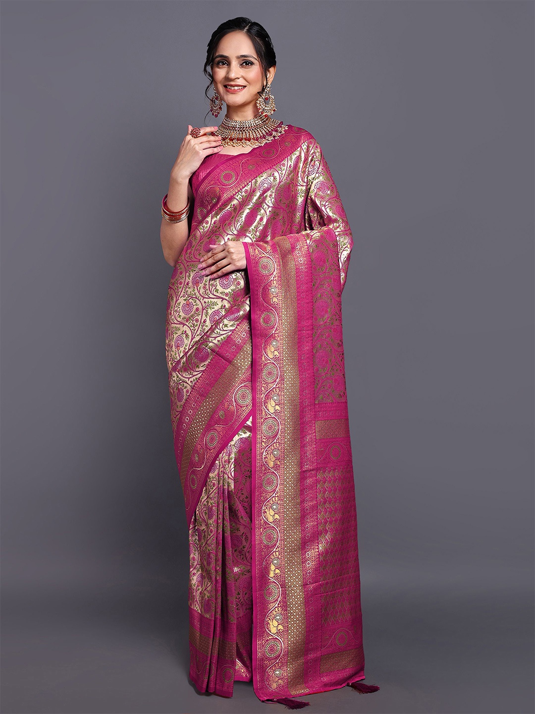 

SWAMI STUDIO Floral Zari Pure Cotton Kanjeevaram Saree, Purple