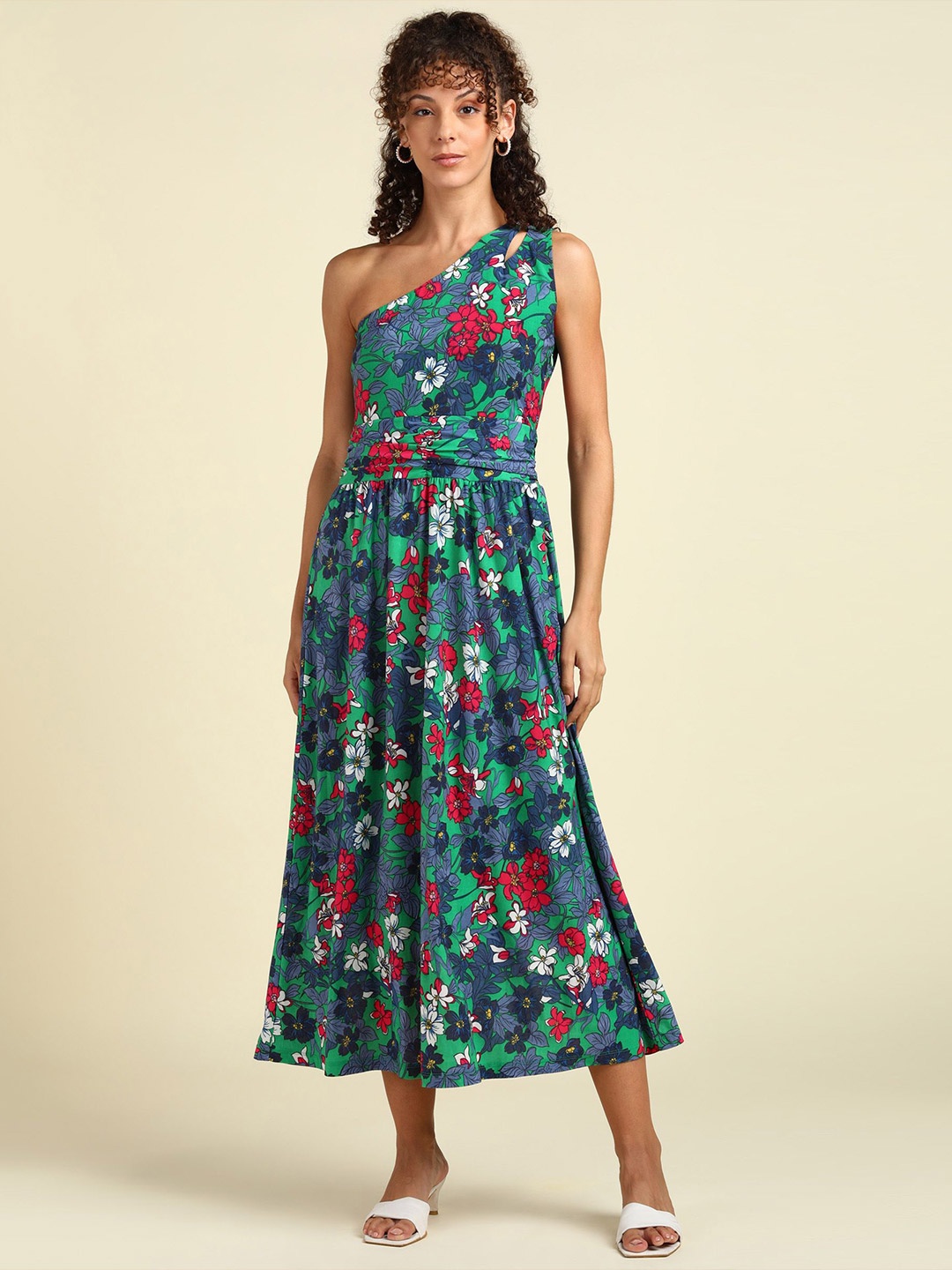 

SAFFE Floral Print One Shoulder Fit & Flare Maxi Dress, Green