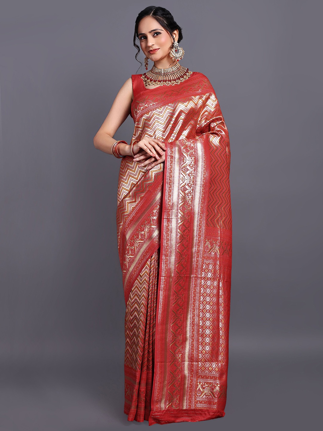 

SWAMI STUDIO Floral Zari Pure Cotton Kanjeevaram Saree, Red