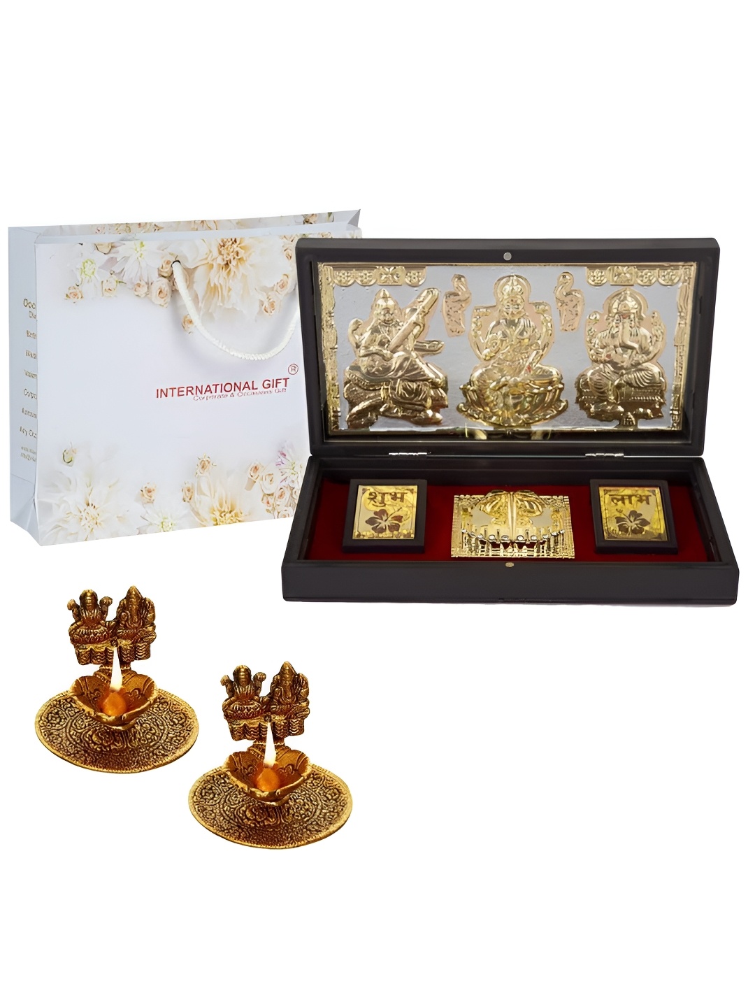 

INTERNATIONAL GIFT Gold-Toned Lakshmi Ganesh Saraswati Charan Paduka With 2 Diyas