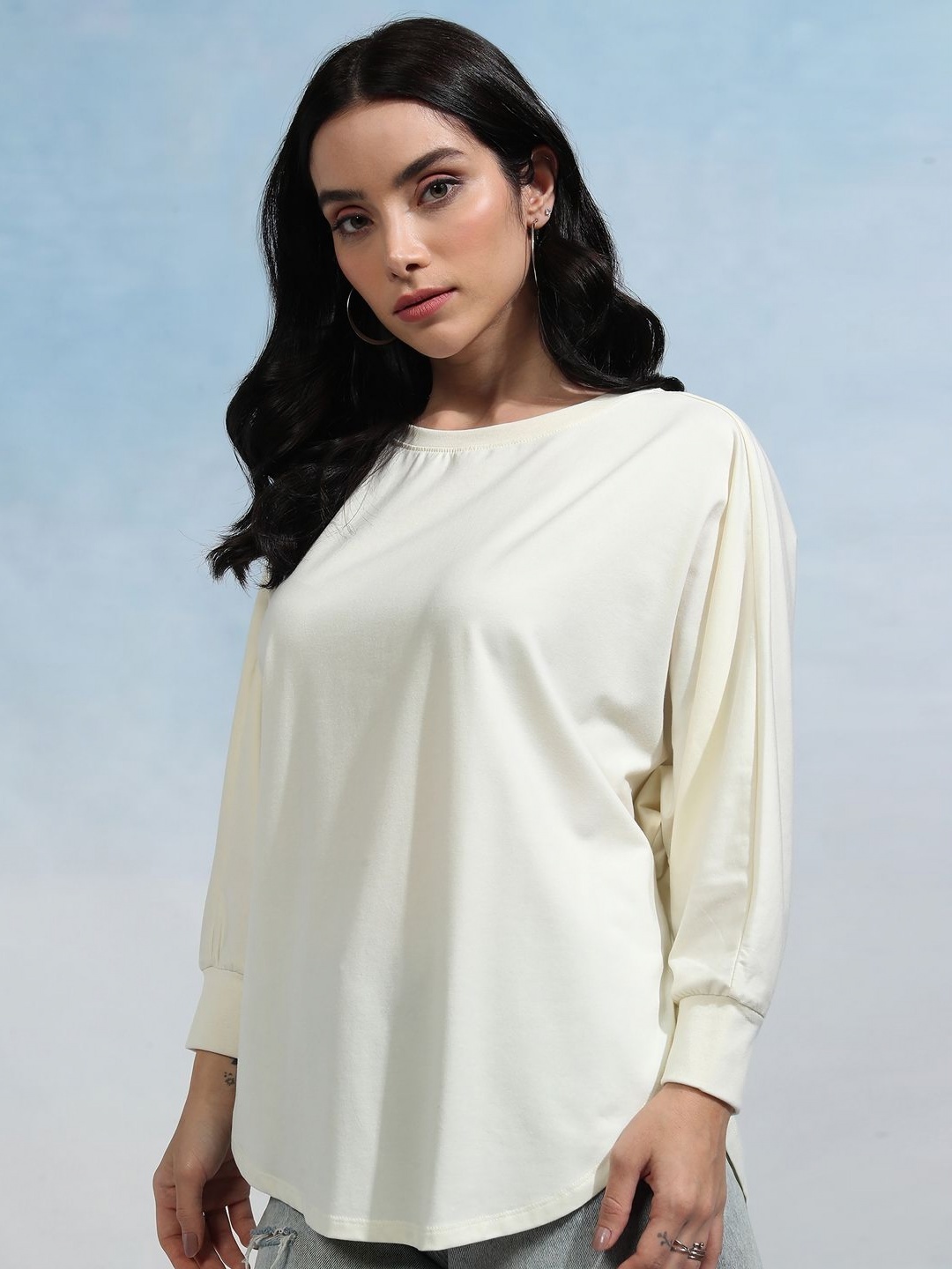 

Tokyo Talkies Women Solid Round Neck Cotton T-shirt, Off white