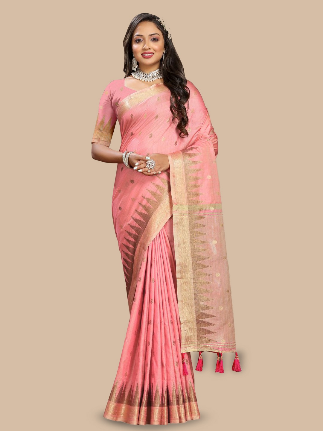 

MOKSHA DESIGNS Ethnic Motifs Zari Pure Silk Kanjeevaram Saree, Pink