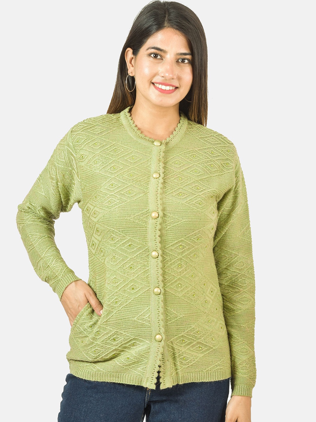 

BAISA Women Printed Cardigan with Embellished Detail, Green