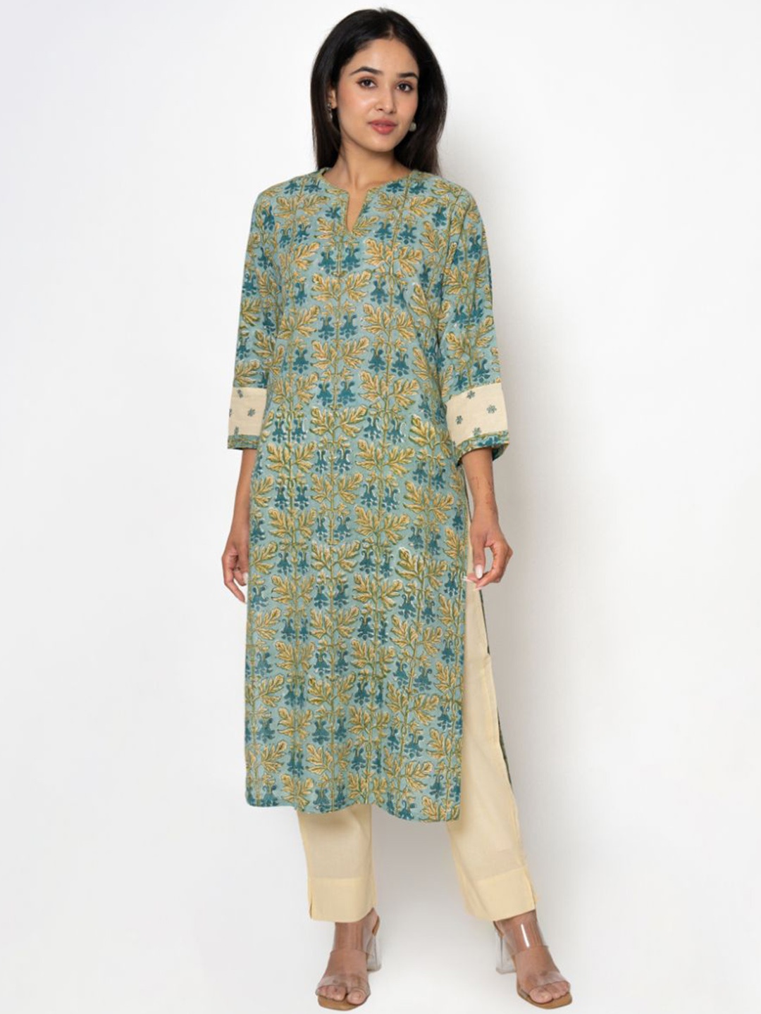 

Kameez by Pooja Kejriwal Floral Printed Thread Work Pure Cotton Kurta With Trouser, Blue