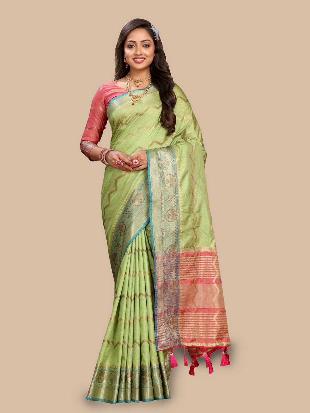 

MOKSHA DESIGNS Ethnic Motifs Woven Design Zari Pure Silk Kanjeevaram Saree, Green