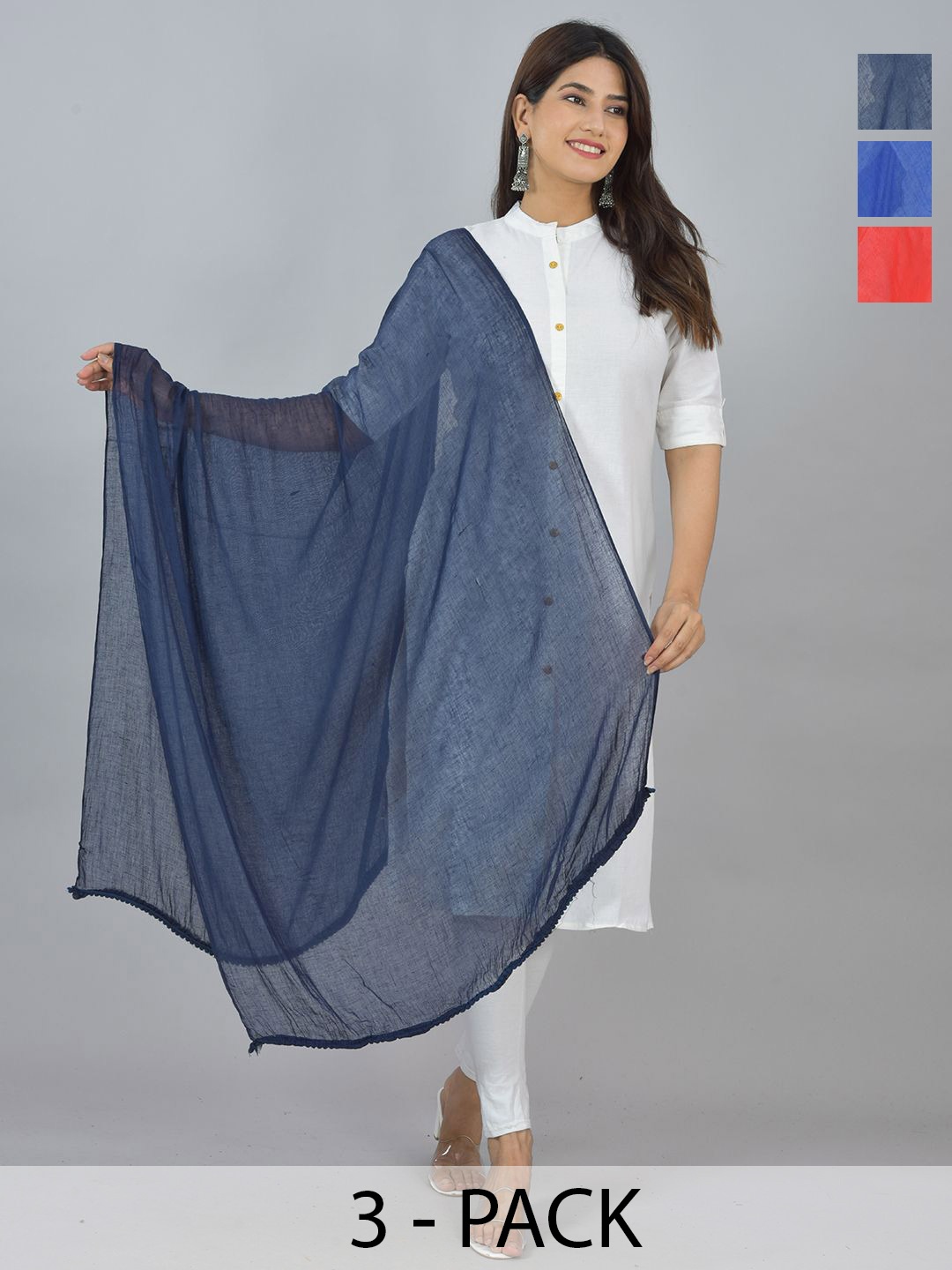 

LA FEMINAE Pack Of 3 Pure Cotton Dupatta, Blue