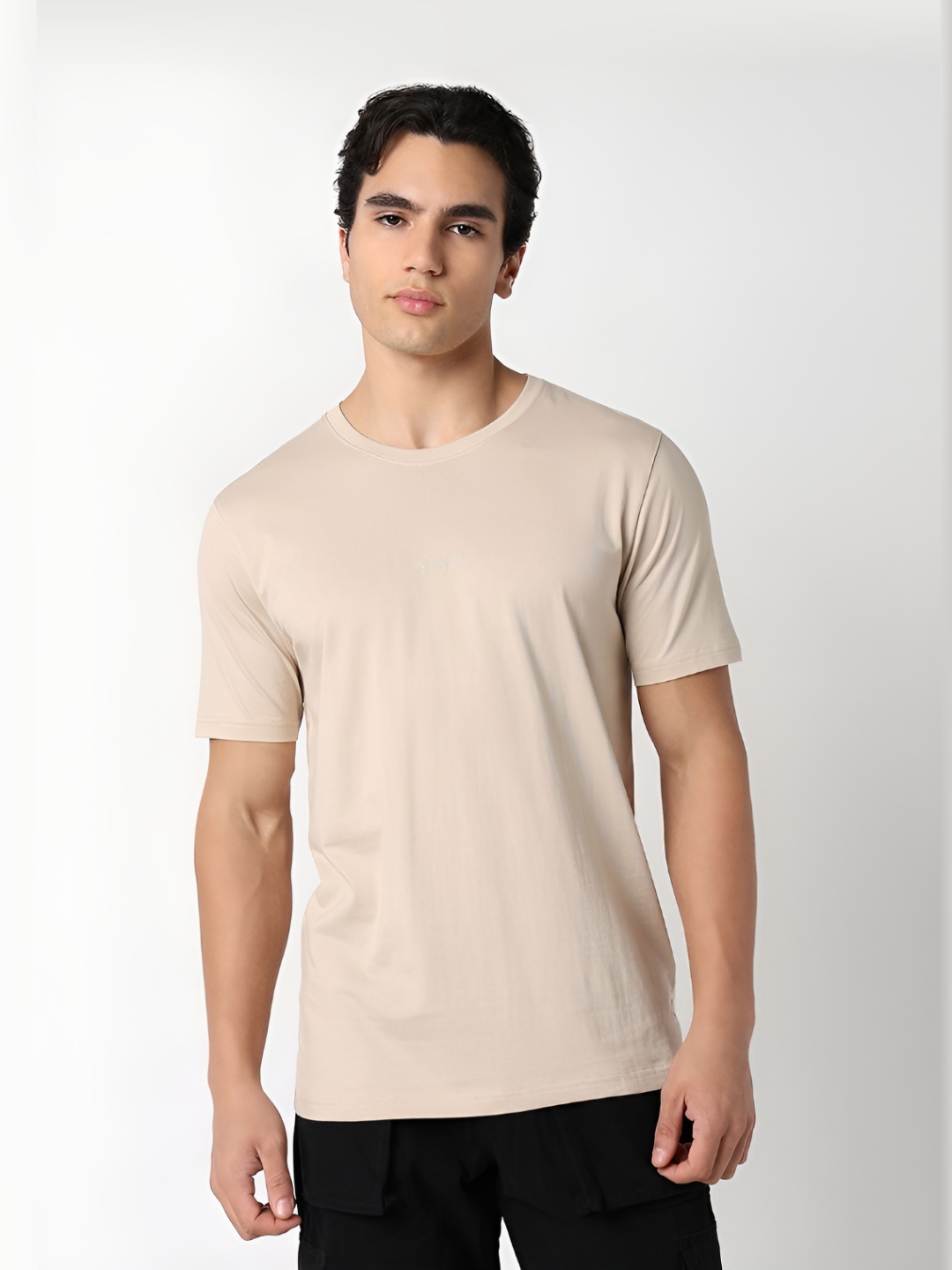 

R&B Men Solid Round Neck Cotton T-shirt, Beige