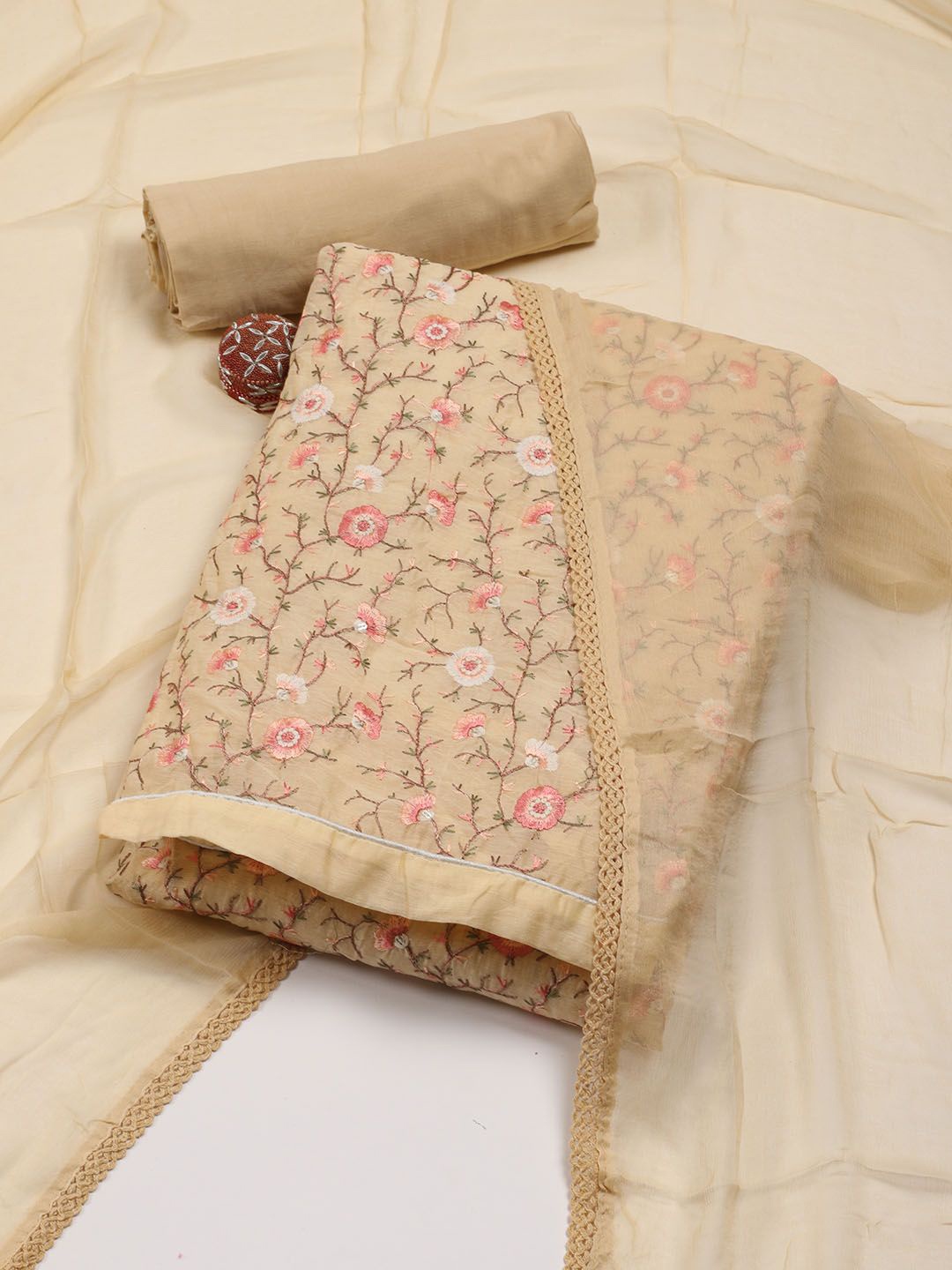 

Meena Bazaar Embroidered Art Silk Unstitched Dress Material, Beige