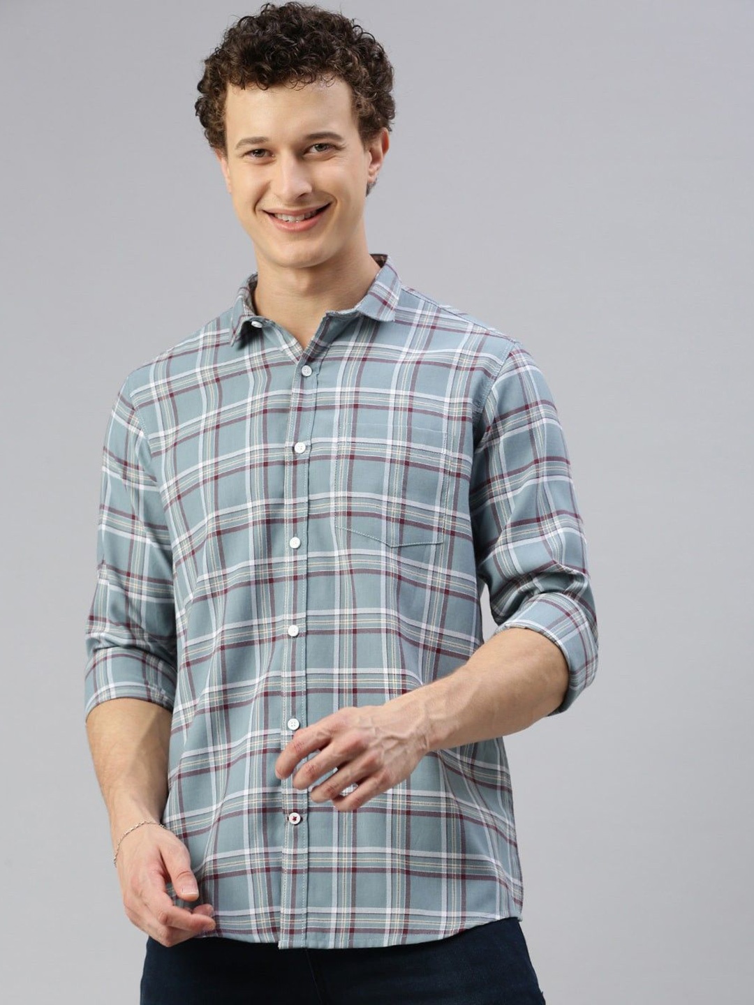 

Cross Court Men Tartan Checks Opaque Checked Casual Shirt, Grey