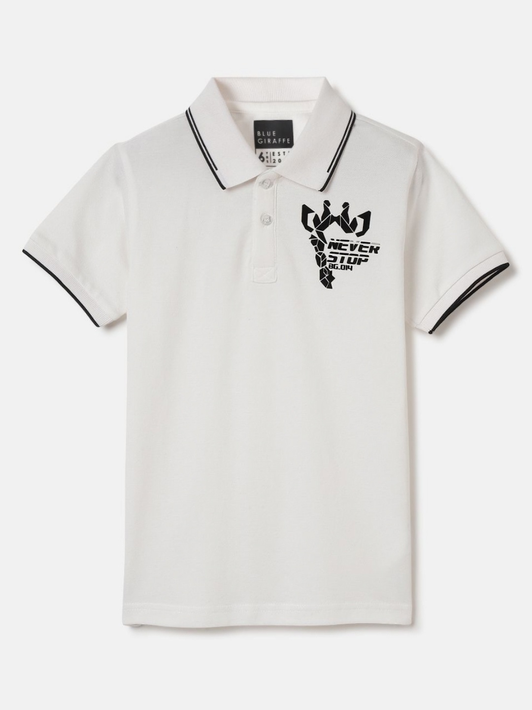 

Blue Giraffe Boys Typography Printed Polo Collar Cotton T-shirt, White