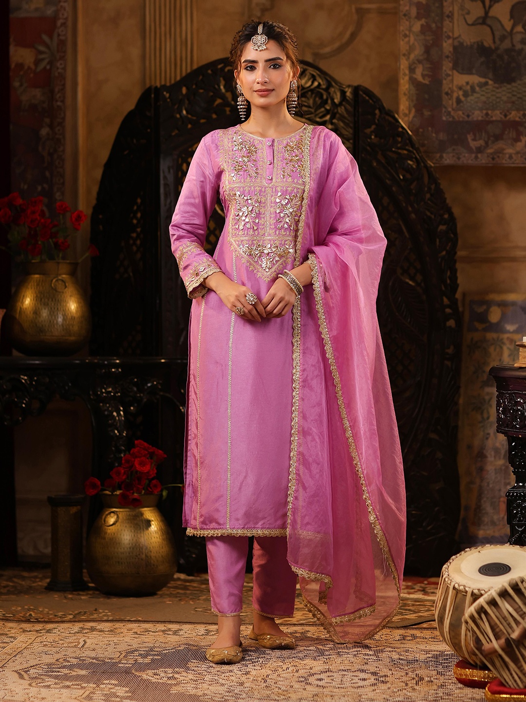 

SCAKHI Ethnic Motifs Yoke Design Gotta Patti Dupion Silk Kurta With Trousers & Dupatta, Mauve