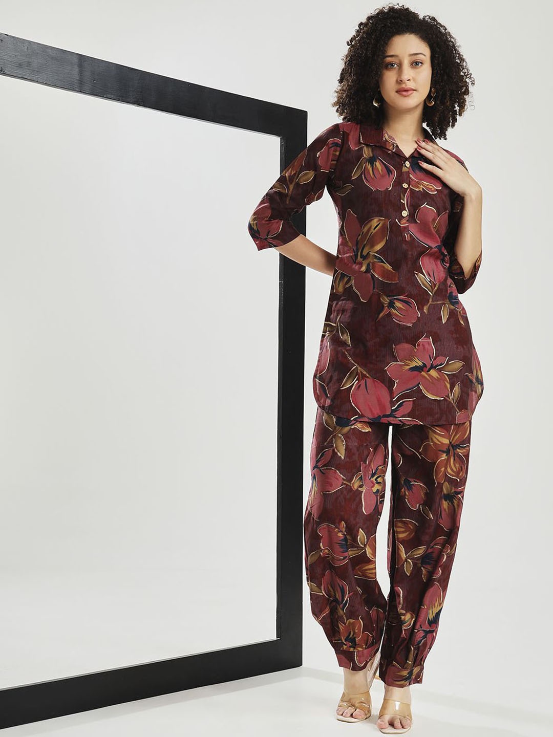 

CARTYSHOP Floral Printed Pure Cotton Shirt & Trousers, Maroon