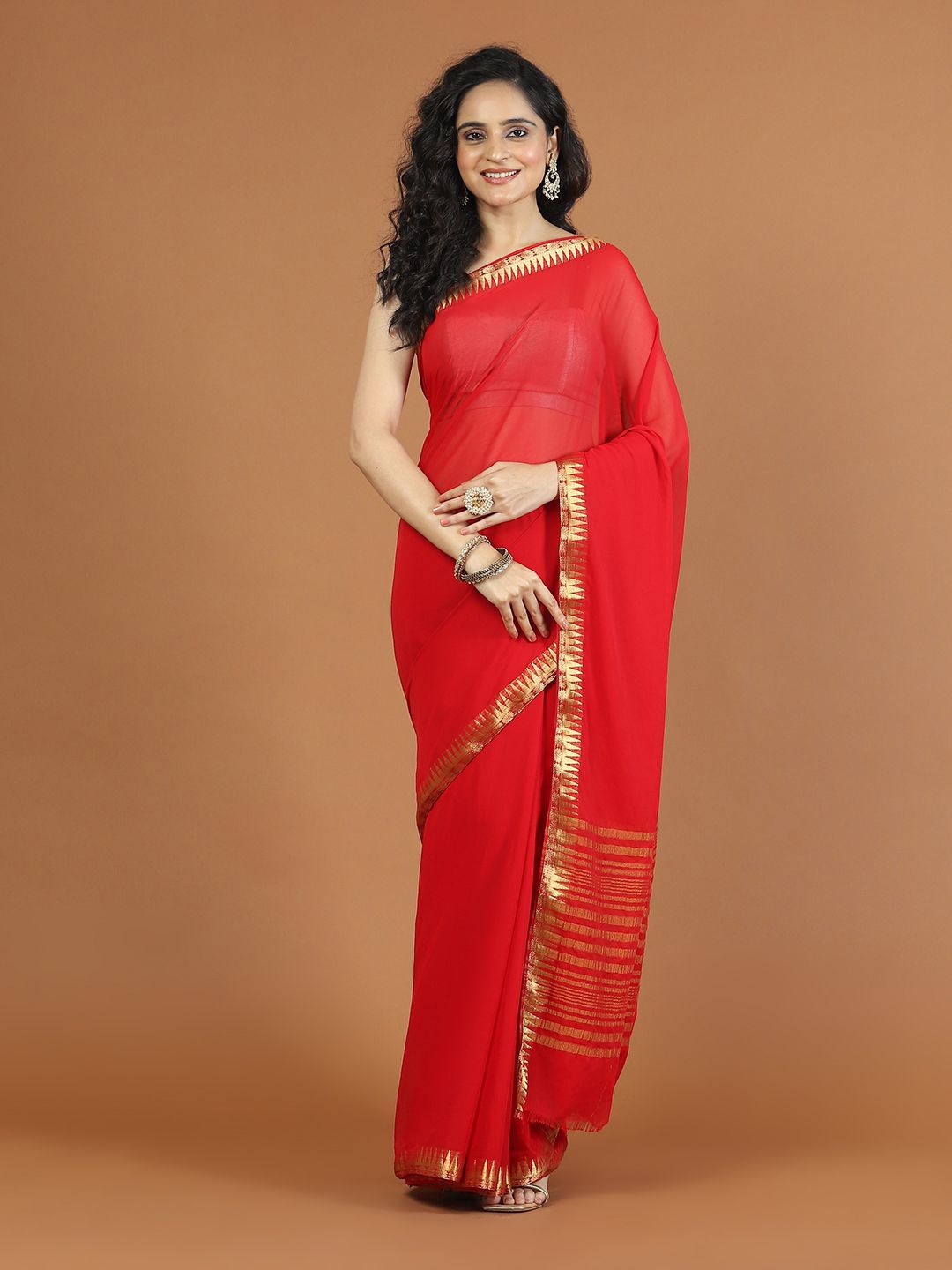 

Meena Bazaar Zari Poly Chiffon Saree, Red