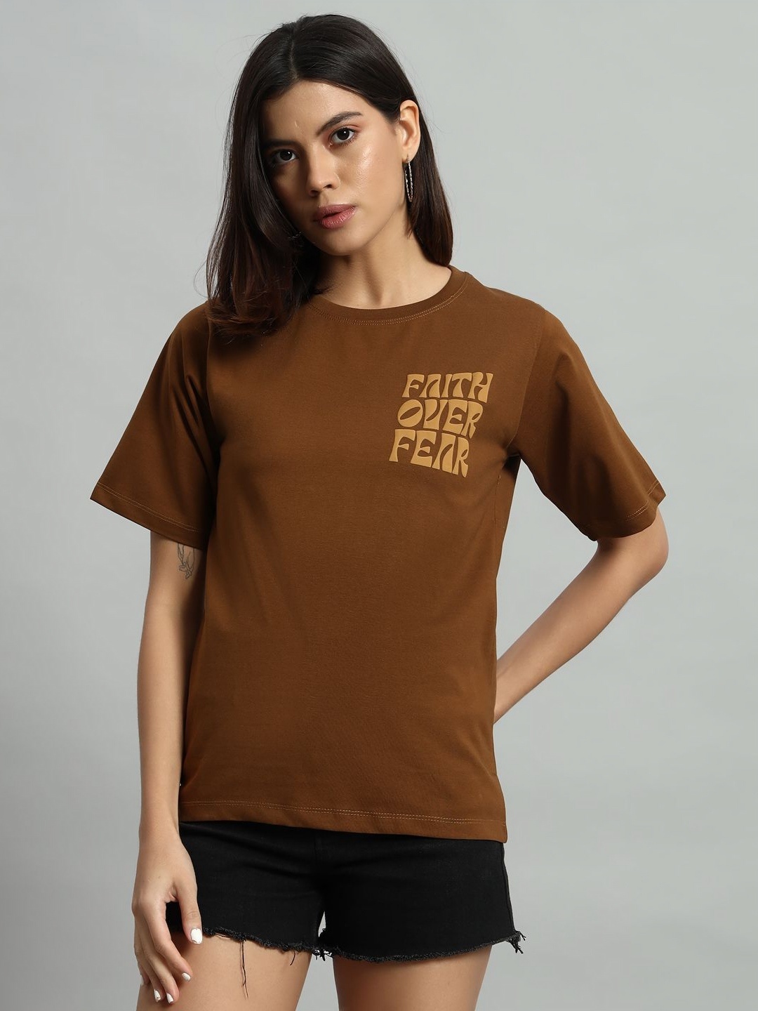 

AECK Women Typography Printed Round Neck Cotton T-shirt, Tan