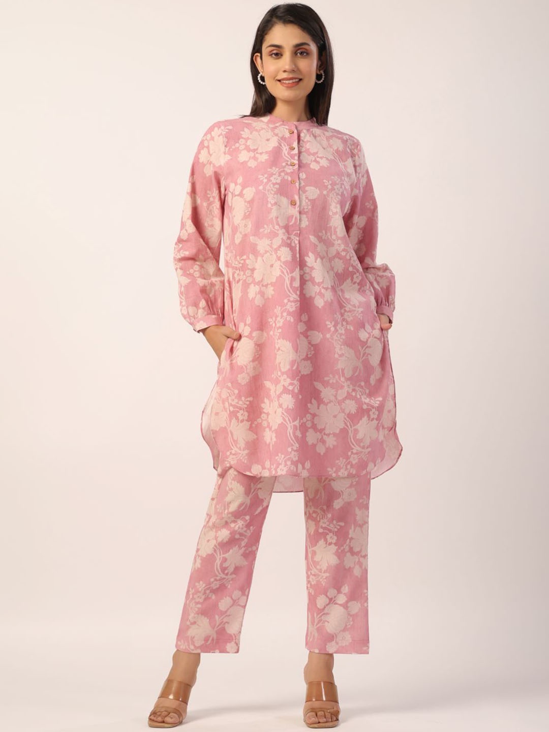 

JAIPURRANG Floral Printed Mandarin Collar Pure Cotton Tunic With Trousers, Pink