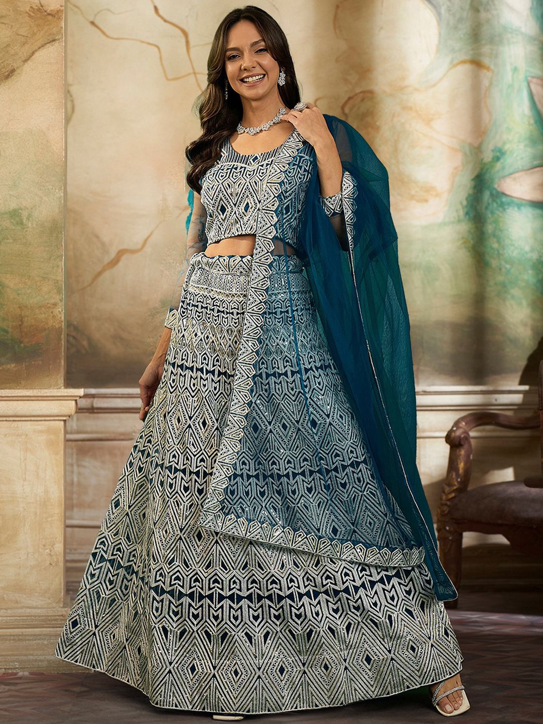 

Kvsfab Embroidered Sequinned Semi-Stitched Lehenga & Unstitched Blouse With Dupatta, Teal