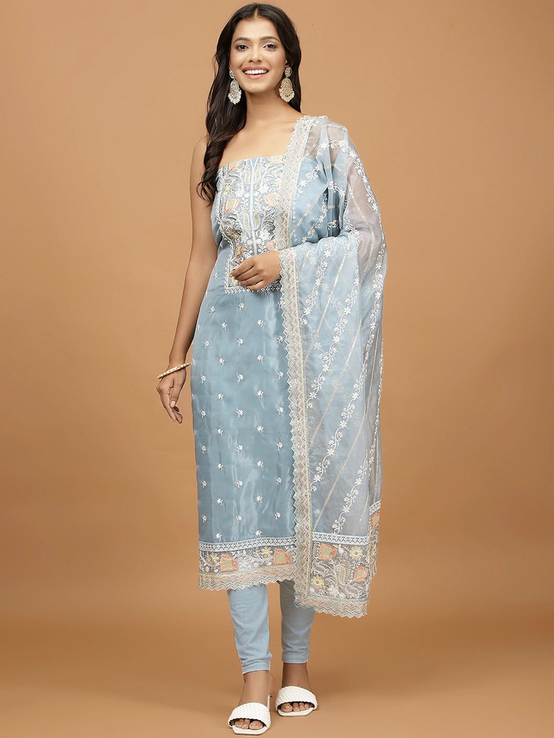 

Meena Bazaar Floral Embroidered Organza Unstitched Dress Material, Blue