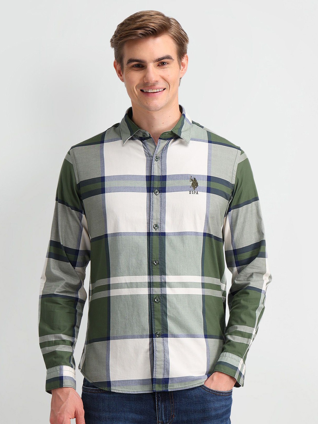 

U.S. Polo Assn. Denim Co. Men Slim Fit Tartan Checks Opaque Checked Casual Shirt, Green