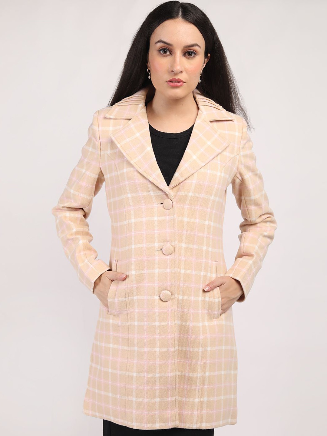 

HONNETE Women Checked Single-Breasted Overcoats, Beige