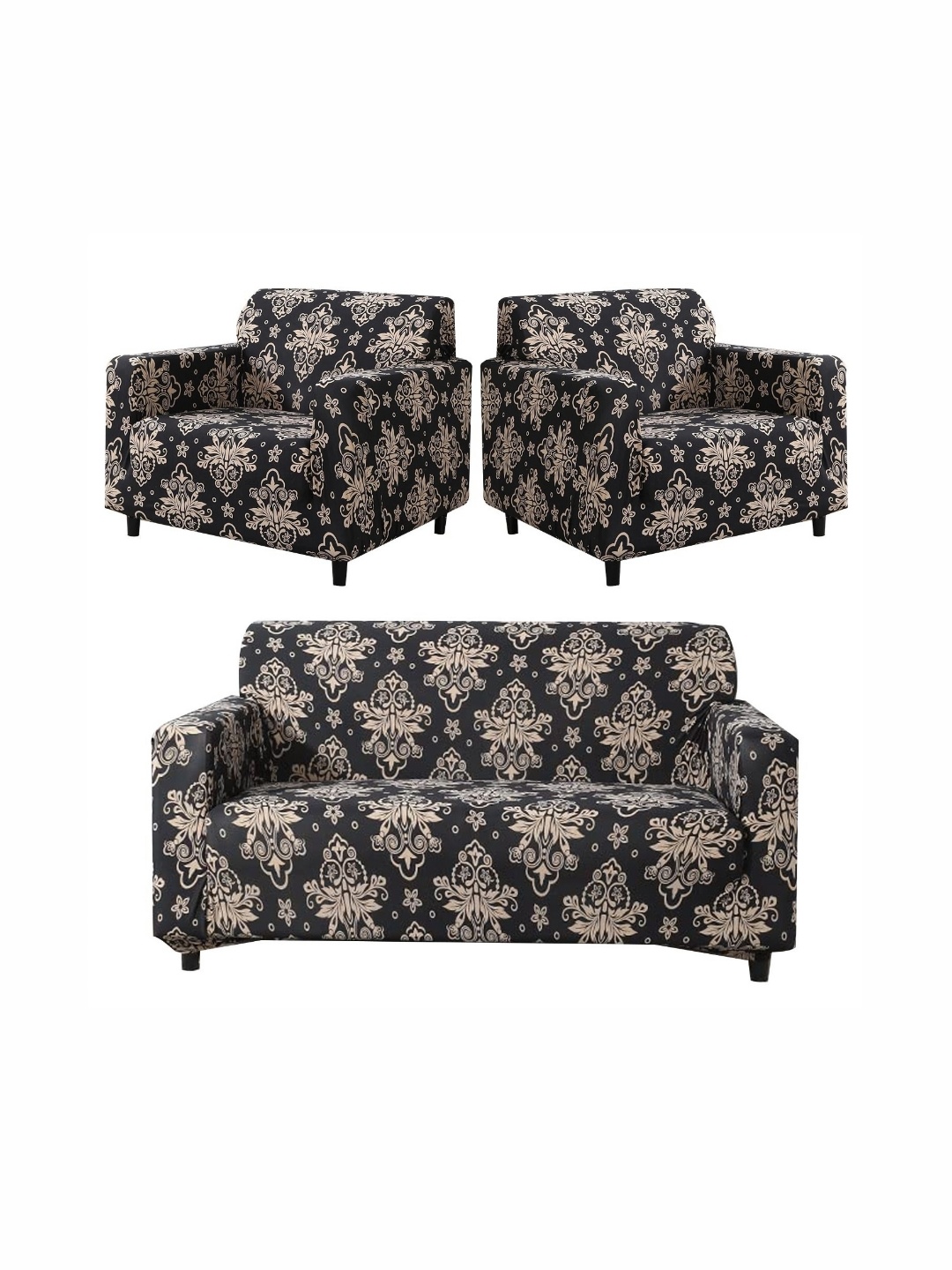 

B BESTILO Black & Beige 3 Piece Printed Sofa Cover With Arms