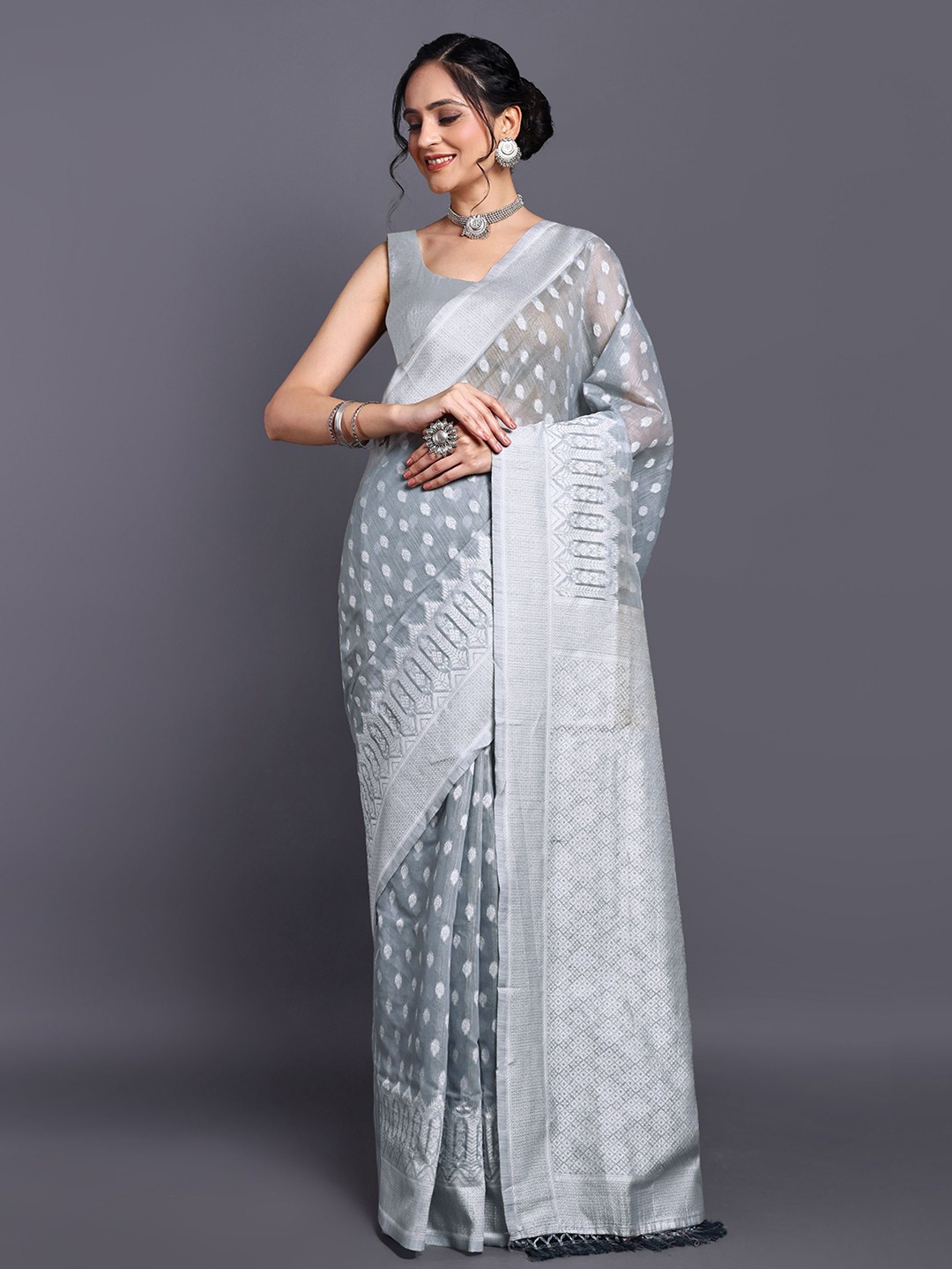 

SWAMI STUDIO Floral Zari Pure Cotton Kanjeevaram Saree, Grey