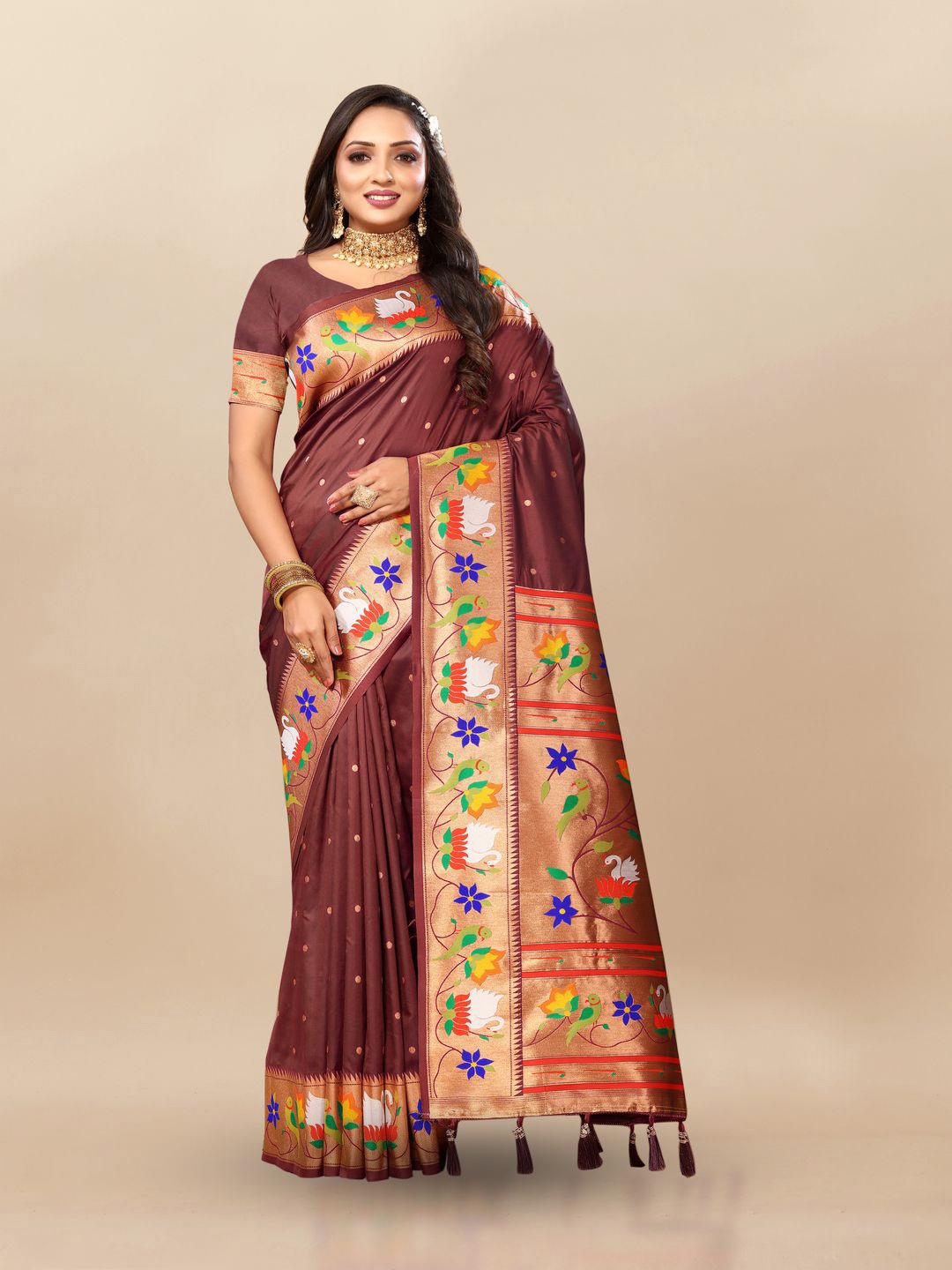 

MOKSHA DESIGNS Ethnic Motifs Woven Design Zari Pure Silk Paithani Saree, Purple