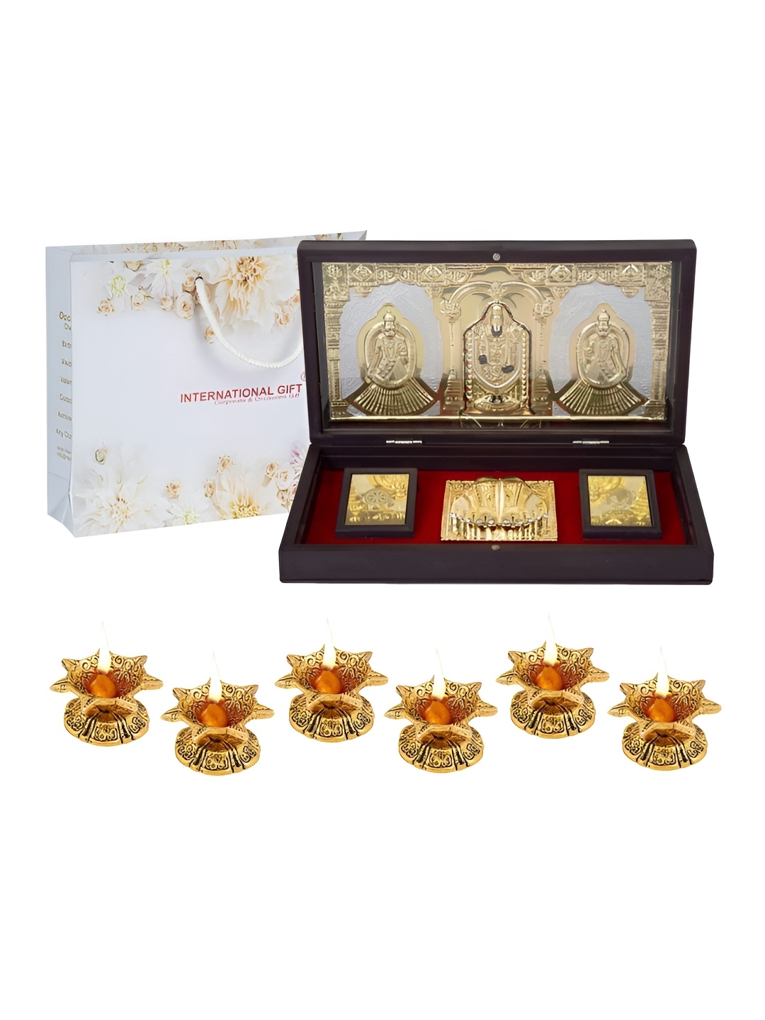 

INTERNATIONAL GIFT Gold-Toned Religious Bala Ji Charan Paduka Showpiece with 6 Diya